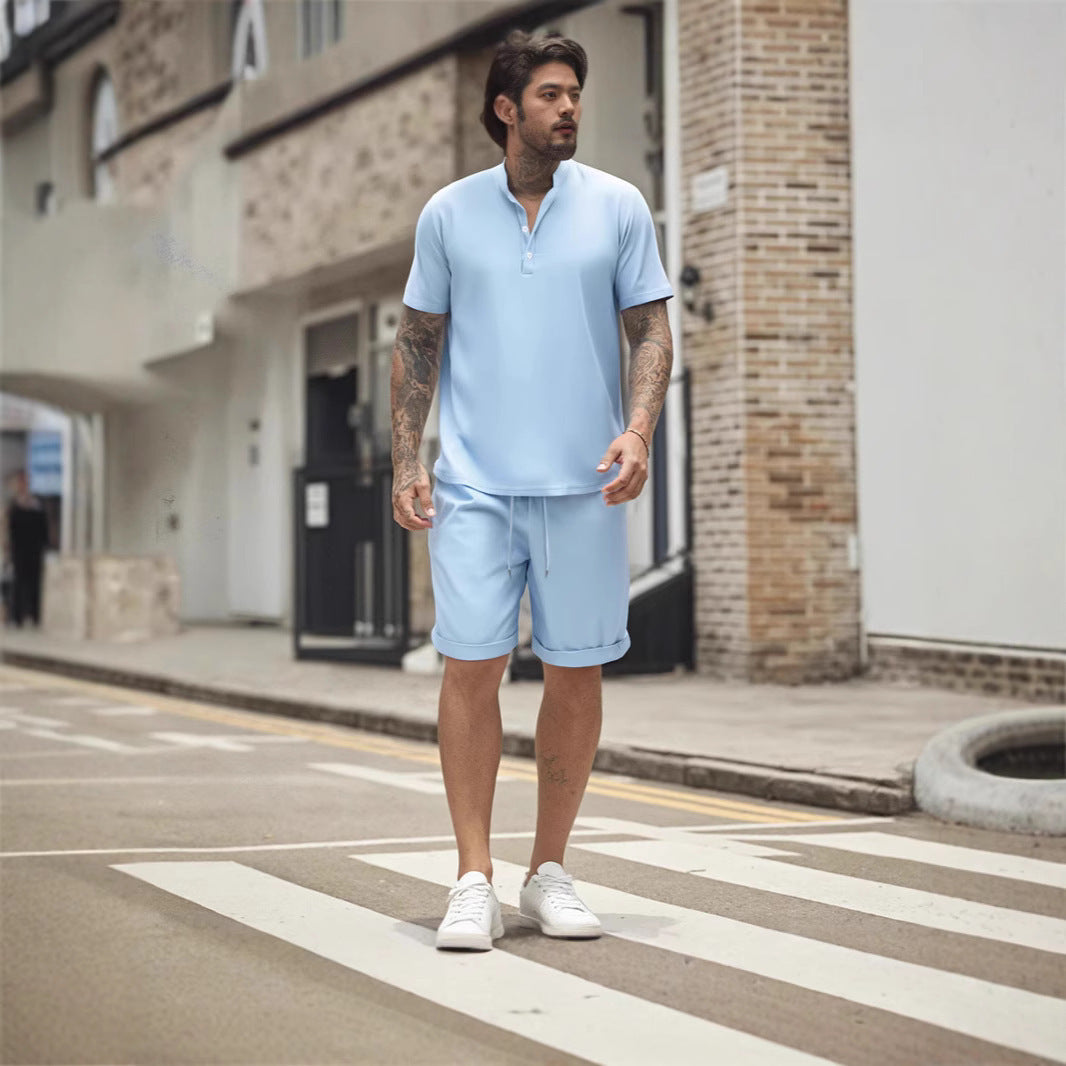 Men's Short Sleeve T-shirt Henley Shirt Casual Loose Suit