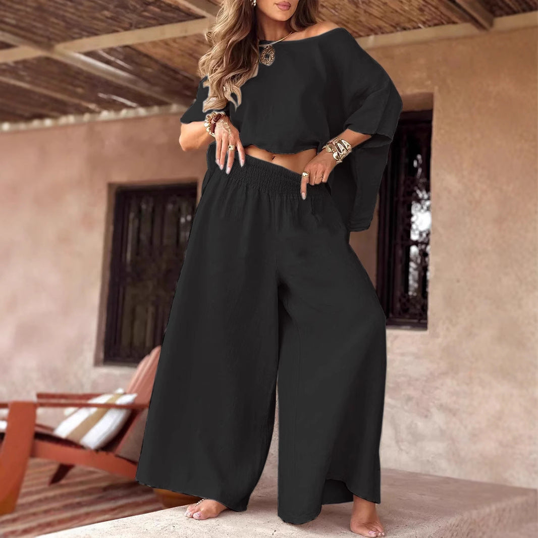 Solid Color Loose Round Neck Off-the-shoulder Women's Summer Suit