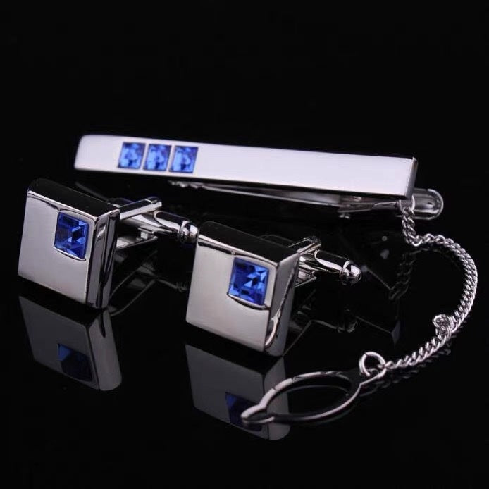 Men's Suit Shirt Rhinestone-encrusted Silver Cufflinks Tie Clip 3 Pieces Suit