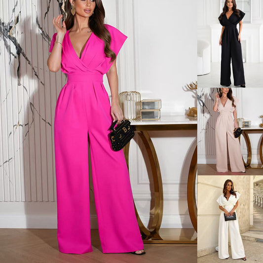 V-neck Solid Color Waist Tight Jumpsuit