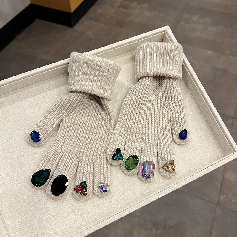 Rhinestone Touch Screen Open Finger Finger Knitted Gloves