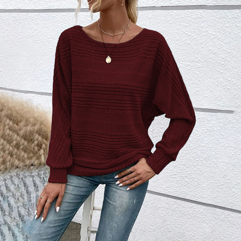 Women's Textured Round Neck Long Sleeve Top - Casual Solid Pullover For Spring & Fall
