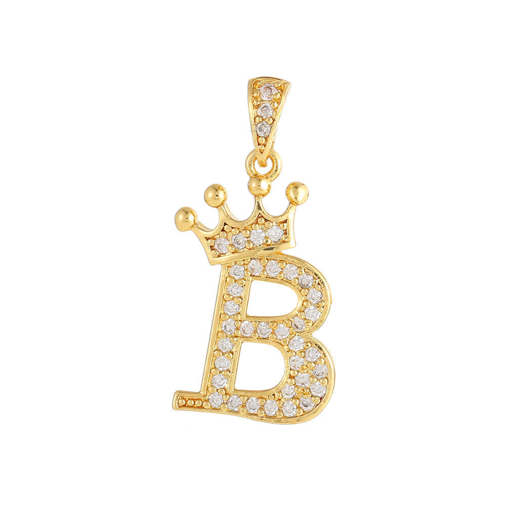 Gold Plated Copper Inlaid Zircon Crown 26 English Letters Full Diamond Pendant Parts