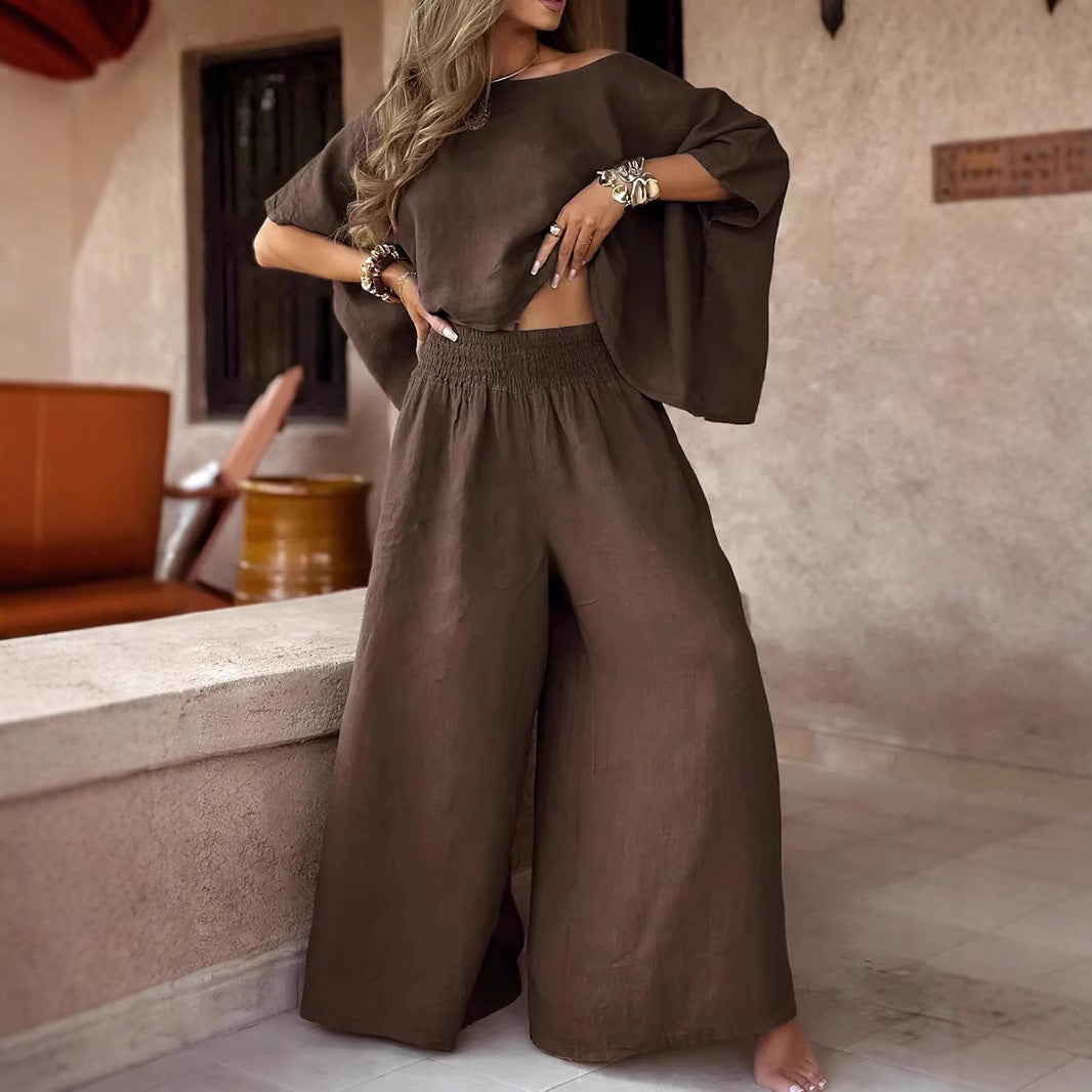 Solid Color Loose Round Neck Off-the-shoulder Women's Summer Suit
