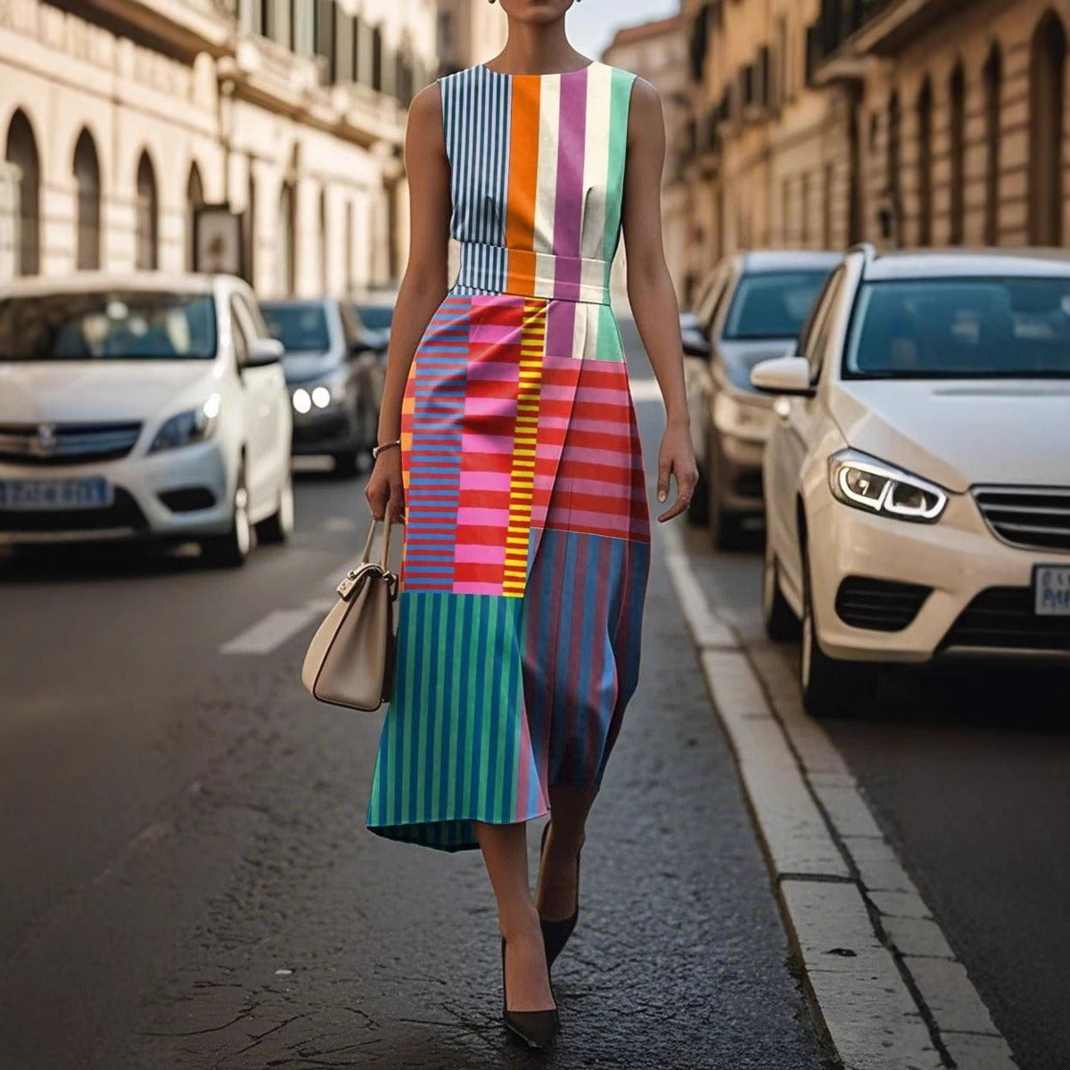 Sleeveless Plus Size Artistic Oil Painting Stripes Elegant Dress