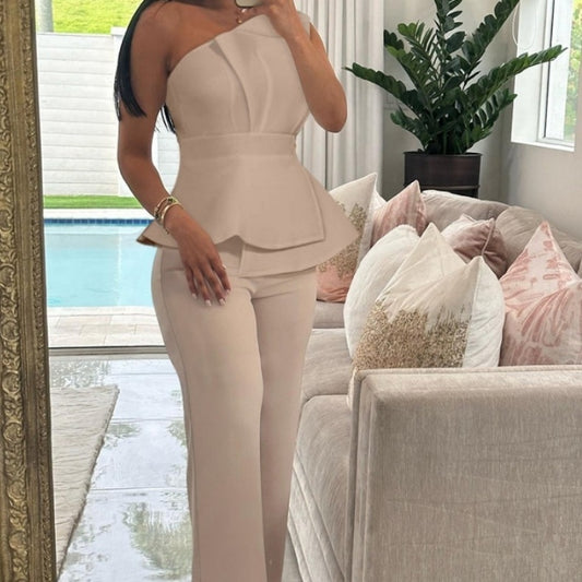 Color Blocking Shoulder Solid Color Suit Casual Straight Pants Suit