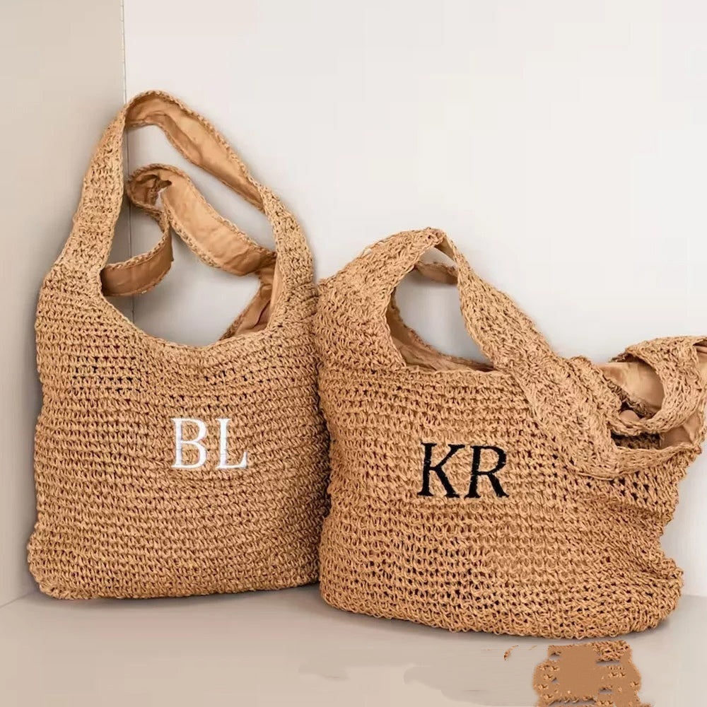 Fashionable Handheld Straw Bag With Alphabet Embroidery
