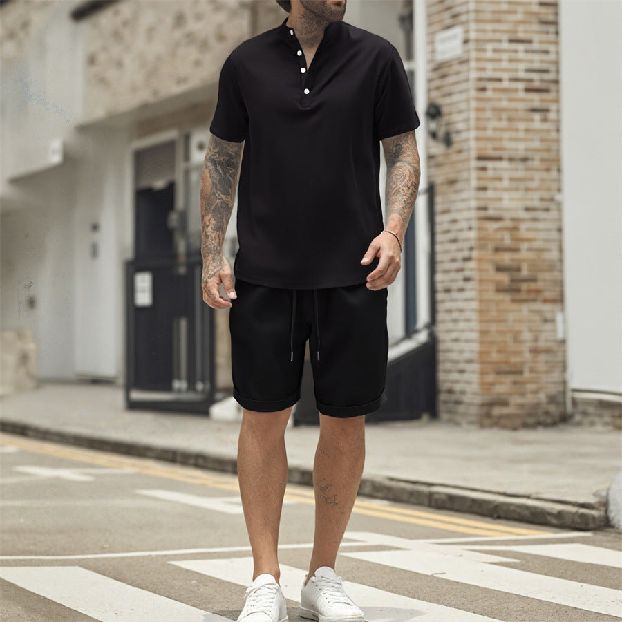 Men's Short Sleeve T-shirt Henley Shirt Casual Loose Suit