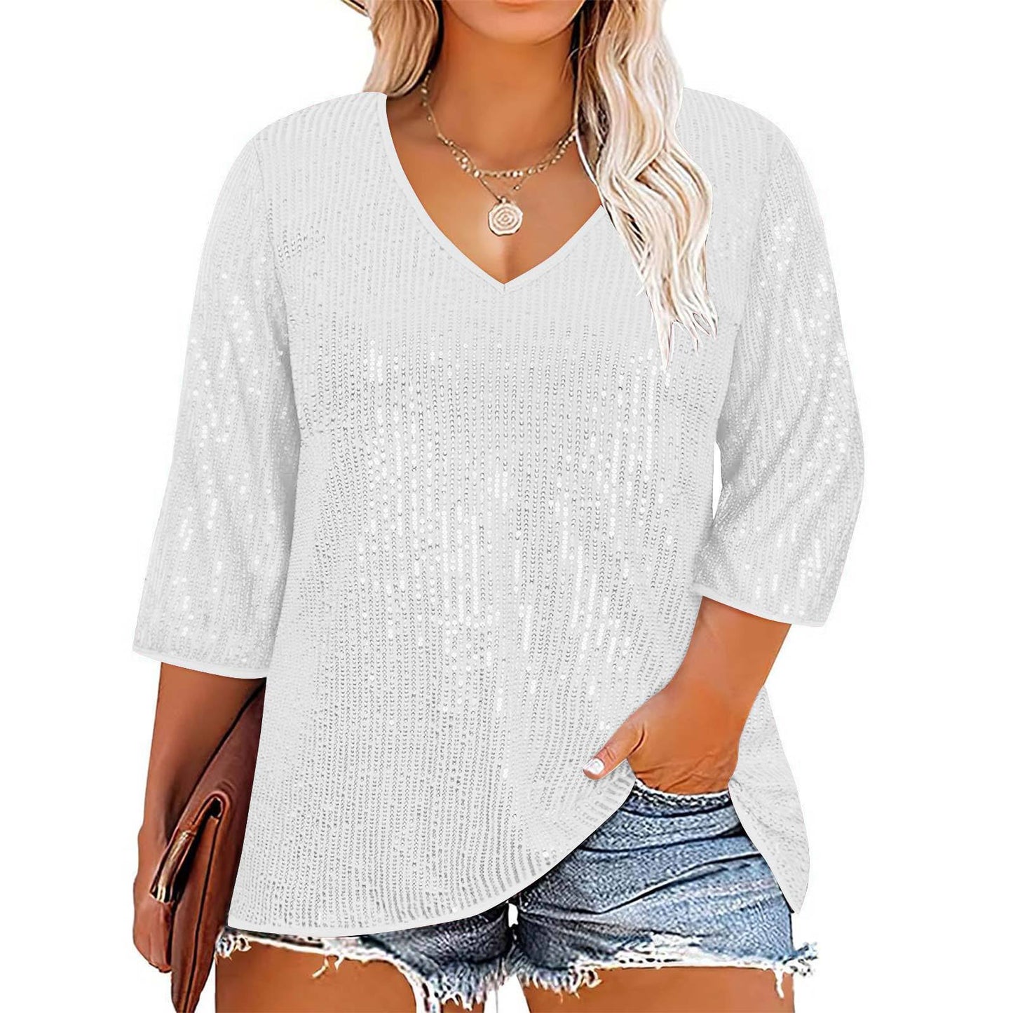 European And American Autumn And Winter Loose Top Retro Sequin Casual V-neck Sequined T-shirt For Women