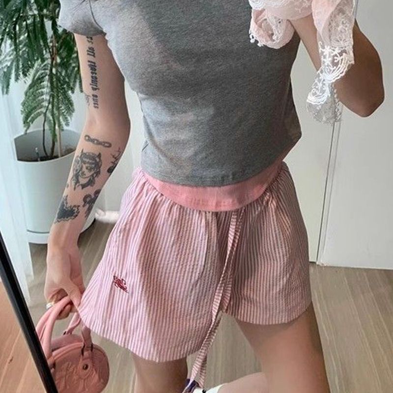Blue Color With Pinky White Flowers Vertical Striped Hot Pants Women's Wide Leg Shorts