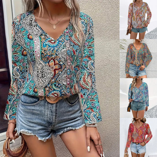 Printed V-neck Long Sleeve Shirt Women's Clothing