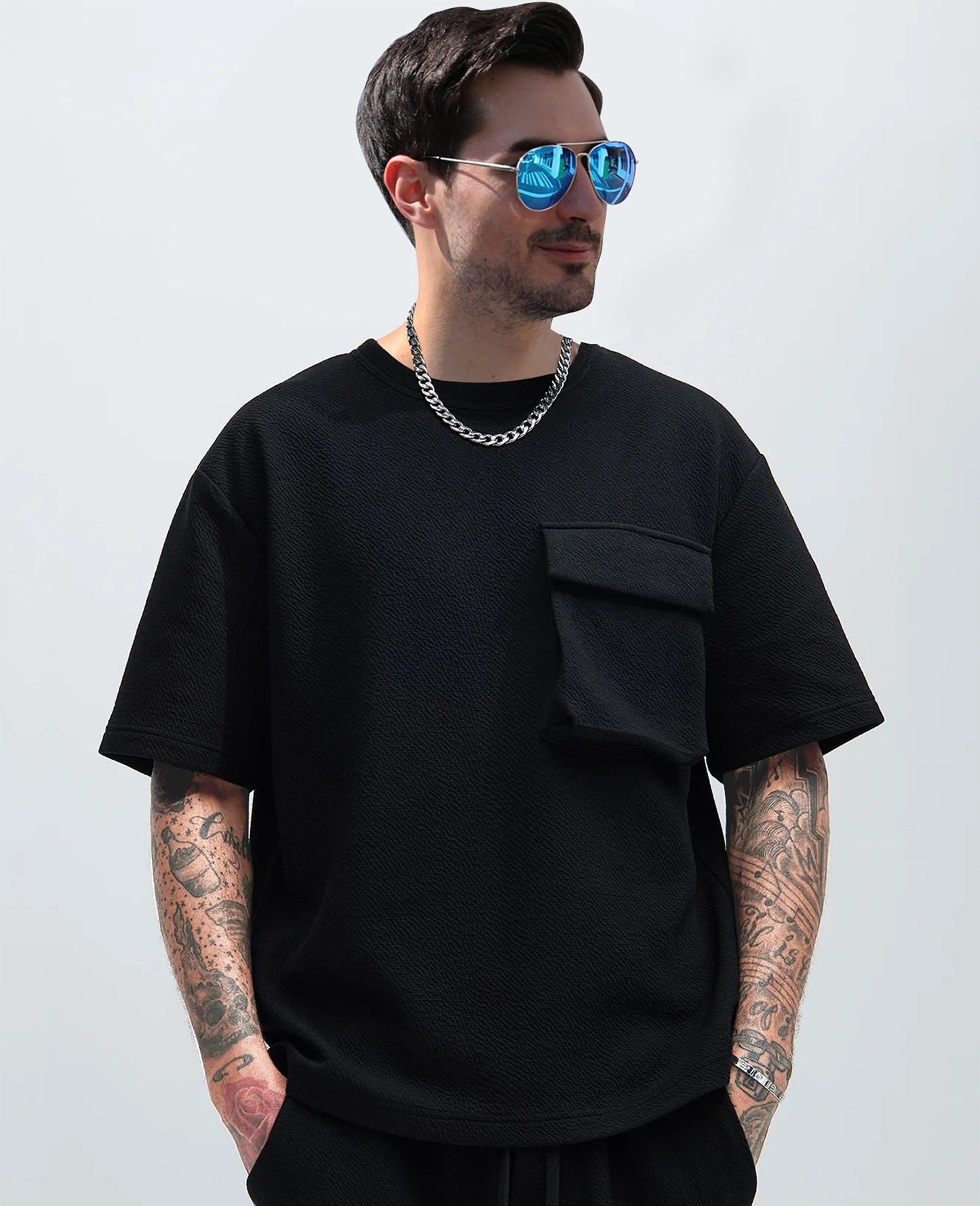 Men's Patch Pocket Champray Crew Neck Casual Loose 5-point Sleeve Top