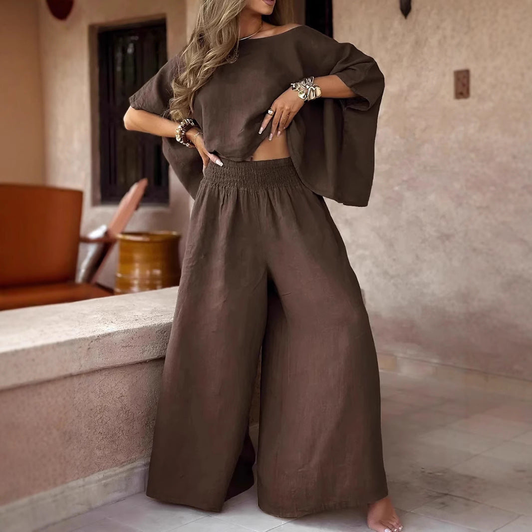 Solid Color Loose Round Neck Off-the-shoulder Women's Summer Suit