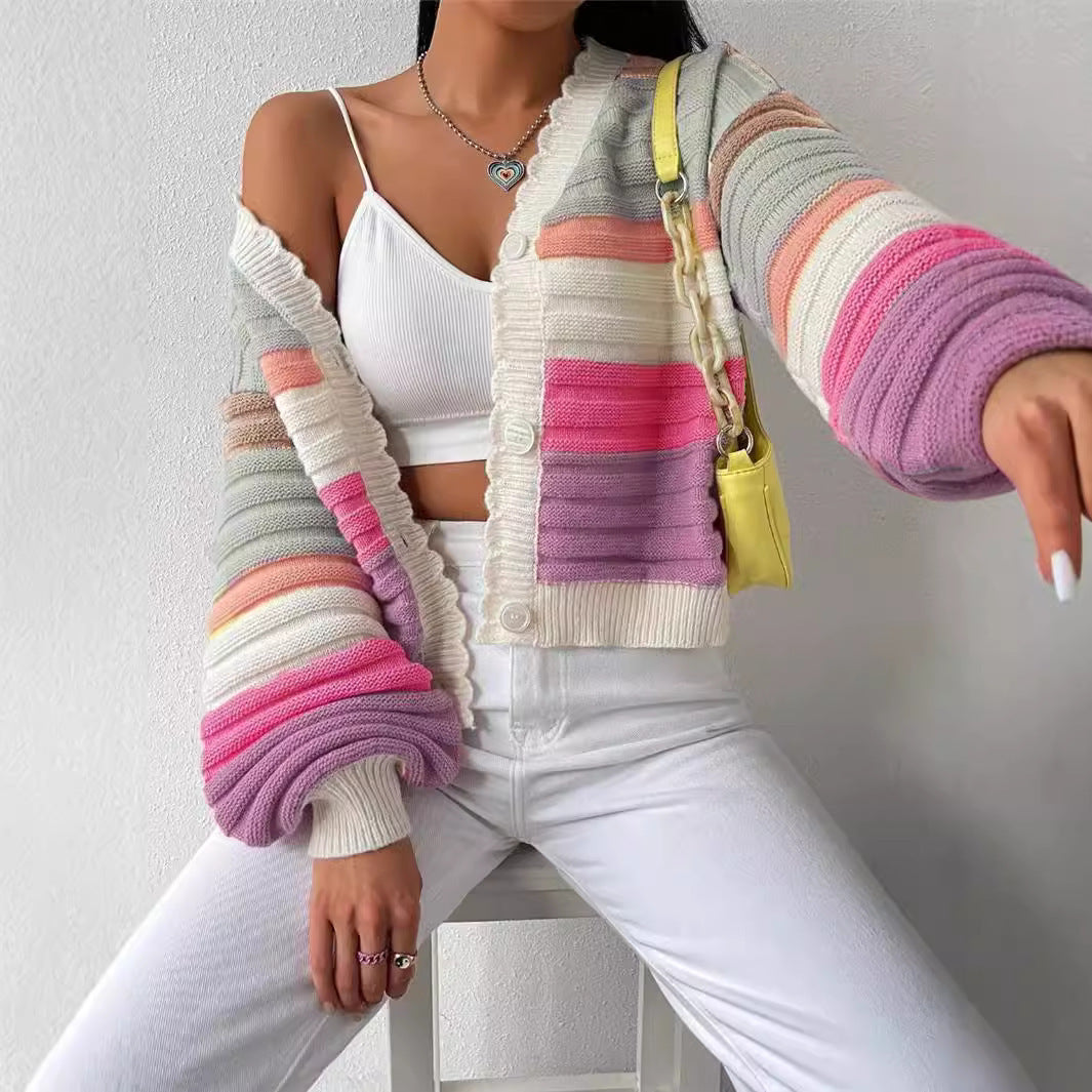 Knitted Cardigan Colorblock Sweater Coat Women's Rainbow Striped Lantern Sleeve
