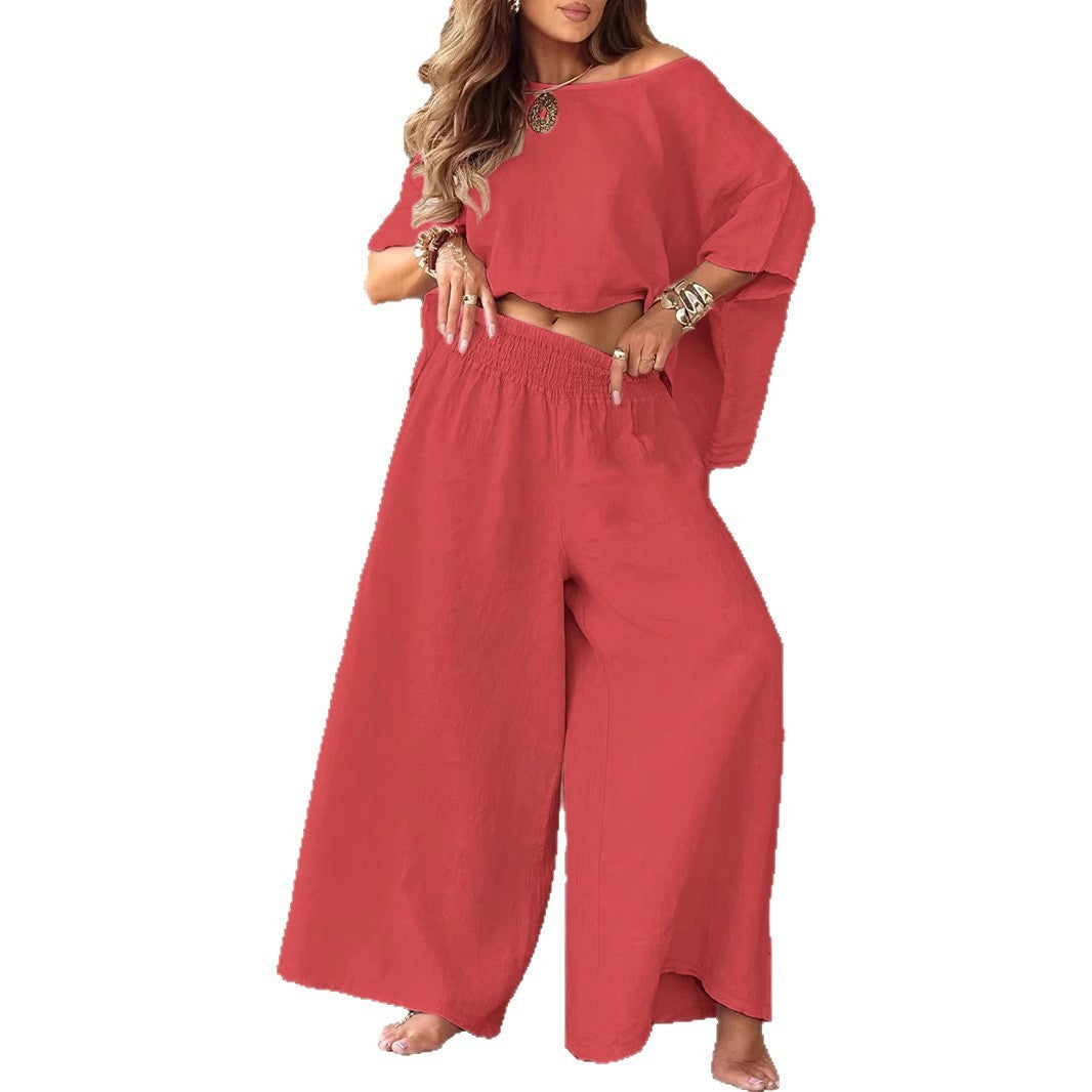 Solid Color Loose Round Neck Off-the-shoulder Women's Summer Suit