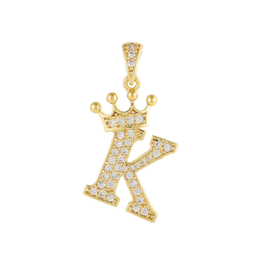 Gold Plated Copper Inlaid Zircon Crown 26 English Letters Full Diamond Pendant Parts