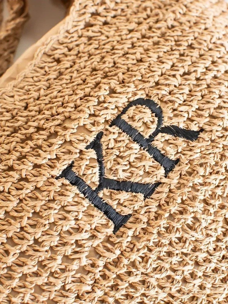 Fashionable Handheld Straw Bag With Alphabet Embroidery