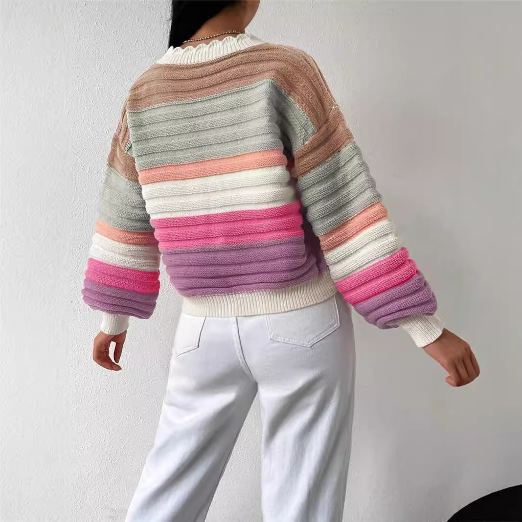 Knitted Cardigan Colorblock Sweater Coat Women's Rainbow Striped Lantern Sleeve