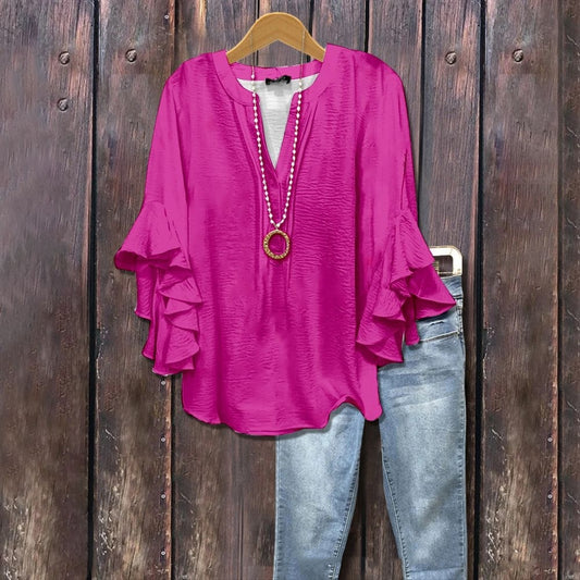 New Printed European And American Leisure Collar Lotus Edge Loose Women's Wear T-Shirt